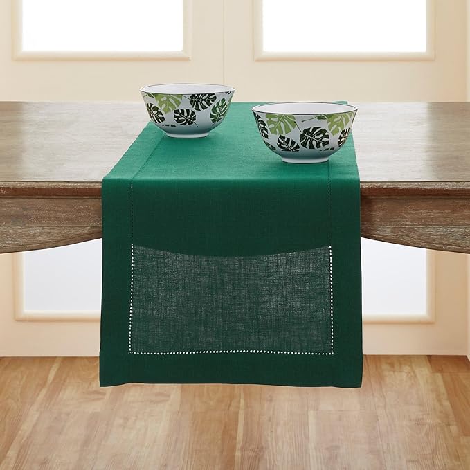 Solino Home Linen Rainforest Green Table Runner 144 Inches Long - 100% Pure Linen Extra Long Table Runner 14 x 144 Inch for Winter, St Patricks Day - Classic Hemstitch
