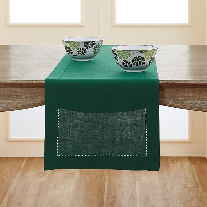 Solino Home Linen Rainforest Green Hemstitch Table Runner 48 Inches - 100% Pure Linen Small Table Runner 14 x 48 Inch Ideal for Dresser and Coffee Tables, St Patricks Day - Classic Hemstitch
