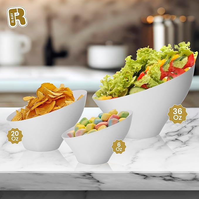 R-kay 6 Pack Angled White Serving Bowls - Small Plastic bowls 6 oz - Premium Plastic Serving Bowls Heavy Duty For Weddings Catering, parties, And All Occasions (White, Small)