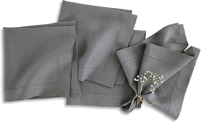 Solino Home Linen Cloth Napkins Set of 4-100% Pure Linen Steel Gray Dinner Napkins 20 x 20 Inch for Spring - Classic Hemstitch, Handcrafted and Machine Washable