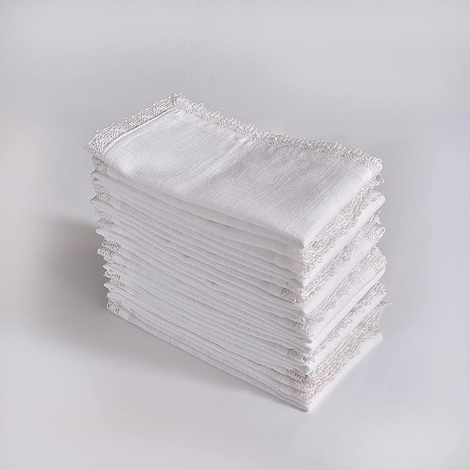 FINGERCRAFT Dinner Cloth Napkins in 100% Cotton, 12 Pieces Small Table Napkin Cloth,12 inches, Mitered Corners for Every Day Use Christmas Napkins Cloth Good Absorbency Lace White
