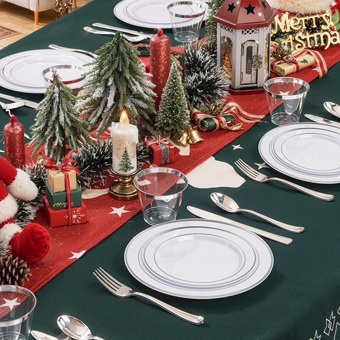 bUCLA 350PCS Silver Plastic Dinnerware Set for 50 Guests - Silver Plates Disposable Include 50 Dinner & 50 Dessert Plates,50 Forks,50 Knives,50 Spoons,50 Cups,50 Napkins for Party & Christmas