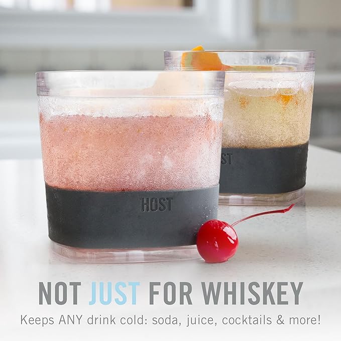 Host Whiskey Freeze Glasses, Double Old Fashioned Glasses, Chill Without Dilution for Brandy, Vodka, Gin, Rum, and Cold Brew Cocktails, Bourbon Gifts for Men, Home Bar, 9 oz, Set of 2, Grey