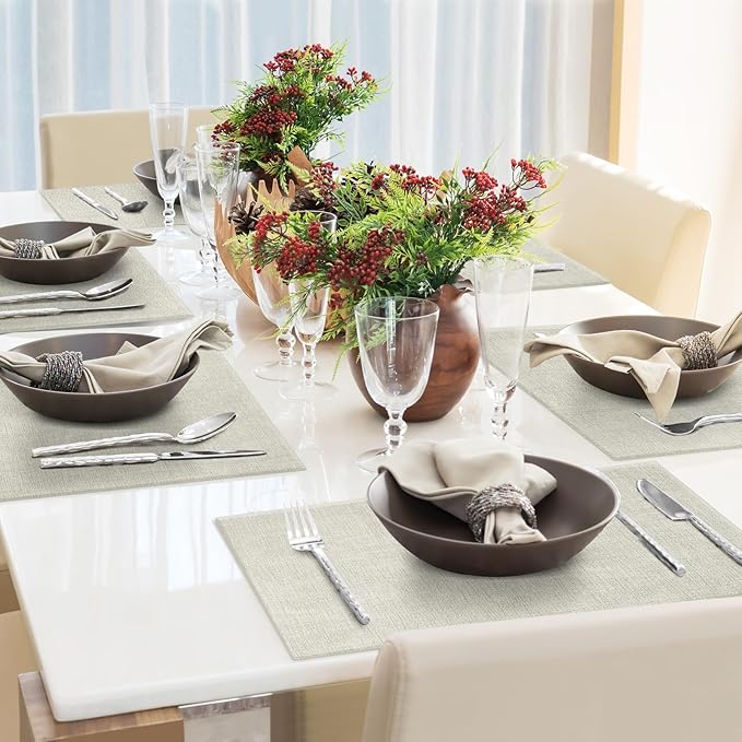 Faux Leather Placemats Set of 6 Washable PU Table mats for Kitchen Table - Heat Resistant, Waterproof, Easy Clean, Anti Slip 11.8" x 17" (Light Green-6 Pack)
