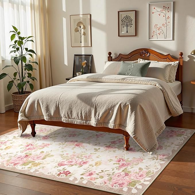 Lahome Washable Area Rug 6x9,Nursery Rug Girl Living Room Rug 6x9, Vintage Girls Rugs for Bedroom Ultra-Thin Non Slip Carpet for Playroom Dining Room Dorm (6'X9',Beige)