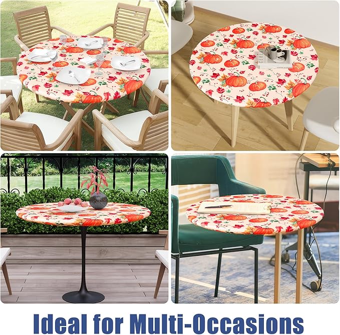 Round Spandex Thanksgiving Tablecloth, Elastic Fitted Waterproof Tablecloths for 36"-44" Tables, Stretch Washable Picnic Table Cover for Autumn Harvest Parties, Pumpkin Leaf