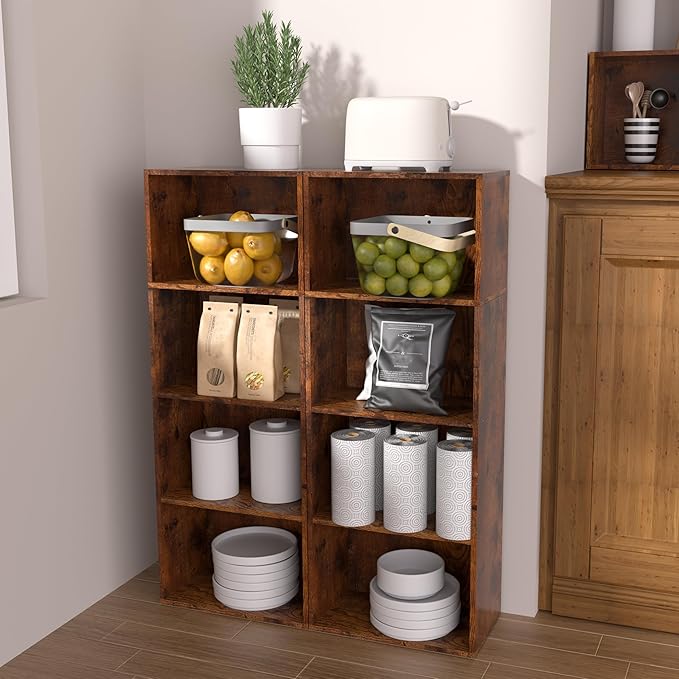 Wooden 4 Cube Storage Organizer, 4 Tier Tall Vintage Bookshelf Freestanding Storage Display Organizer, Versatile Cubes Shelf and Cubby Unit for Living Room, Bedroom, Home Office 15.7inch