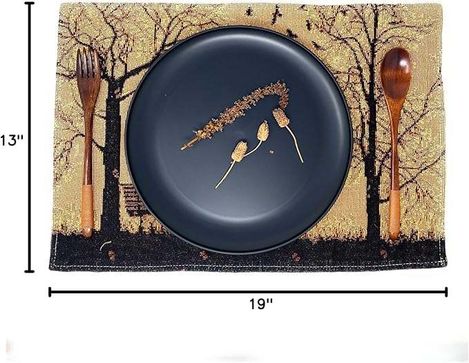 DaDalogy Farmhouse Rustic Dining Placemats - Set of 4 Tapestry Woven Cotton Halloween Kitchen Table Mats Fall Silhouette Decor - Family Cozy Cabin Orange Tan Black Decorative - 13” x 19”