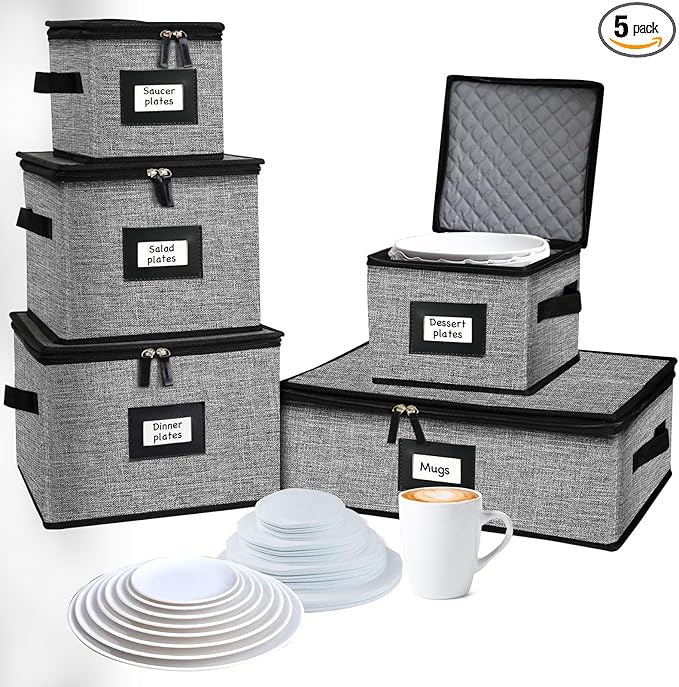 5 PACK China Storage Containers-Quilted Mug Storage and Moving Boxes for Dishes,Dish Packing Supplies for Moving,Dinnerware &Accessories,Holds a total of 48 plates (4 sizes) and 12 cups(Grey)