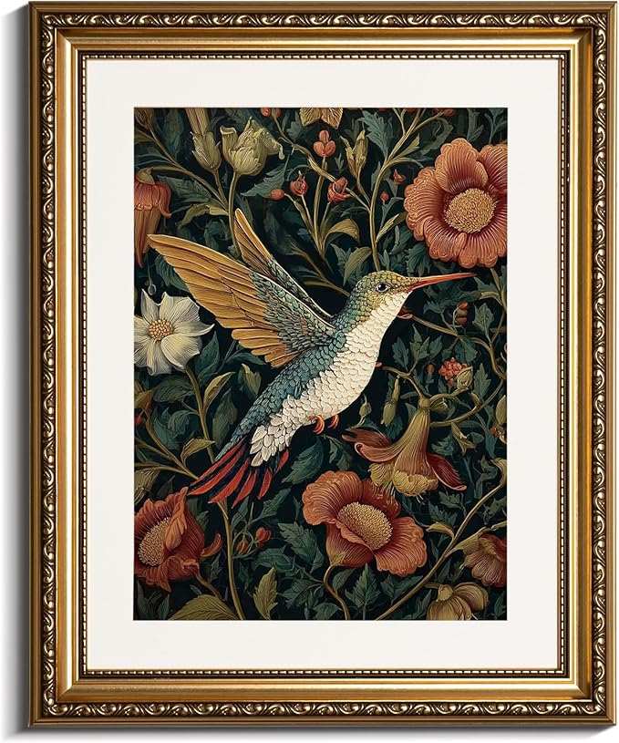 InSimSea Gold Picture Framed Wall Art, Living Room Vintage Moody Hummingbird Wall Decor, William Morris Botanical Canvas Print Art, Home Farmhouse Decor, Antique Paintings with Frame 13x16inch