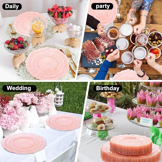 U-QE 60PCS Pink Plates for Party - Pink Valentines Plates Disposable Heavy Duty - Clear Pink Plastic Plates for Valentine's Day Including 30 Plastic Dinner Plates 10" & 30 Plastic Dessert Plates 7"