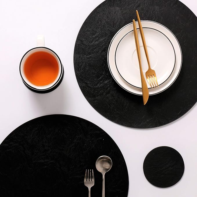 Embossed PU Leather Placemats, Waterproof Coffee Coasters, Kitchen Table Mats, Easy to Wipe Off for Dining Round Table