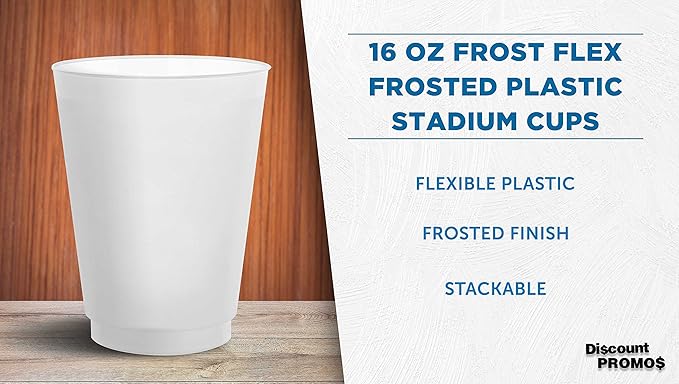 DISCOUNT PROMOS Frosted Plastic Stadium Cups, 10 pack, 16 oz. Shatterproof Flexible Reusable Party Cups, Natural