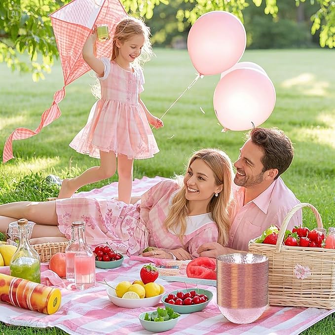Rubtlamp 20 Pack Clear Pink Disposable Bowls, Pink Plastic Bowls with Gold Rim, 12-16oz Premium Heavy Duty Plastic Dinner Bowls for Party, Wedding and Holiday