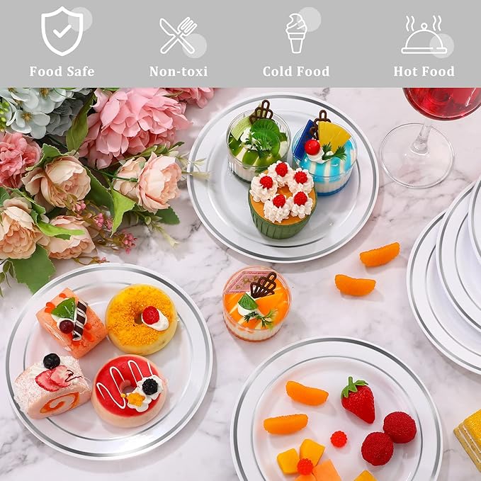 Sieral 200 Pieces Disposable Plates Plastic Party Plates with Rim Hard Plastic Appetizer Salad Dessert 7.5 Inch Elegant Heavy Duty Tableware for Dinner Wedding Party Supplies(Silver Rim)