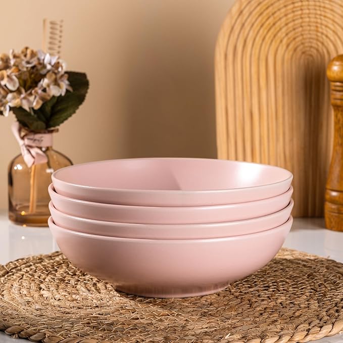 AmorArc 8.75‘’ Large Pasta Bowls, 42 ounce Deep Stoneware Bowls Set of 4 for Kitchen, Wide Bowl for Pasta/Salad/Fruit/Oatmeal/Soup, Microwave&Dishwasher Safe-Matte Pink
