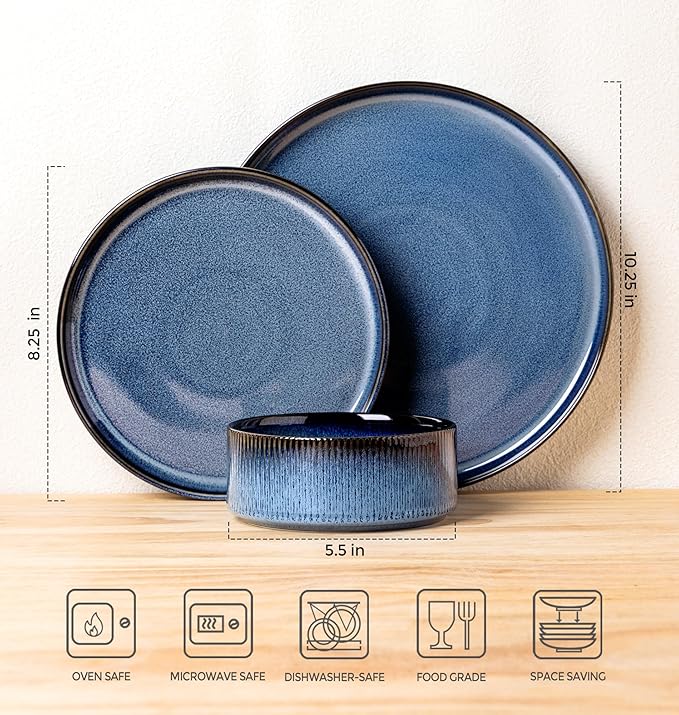 TheTerra Ceramic Dinnerware Sets for 4, 12 Pieces Porcelain Lightweight Plates and Bowls Sets, Scratch Resistant Dish Set, Oven & Microwave & Dishwasher Safe, Starry Blue