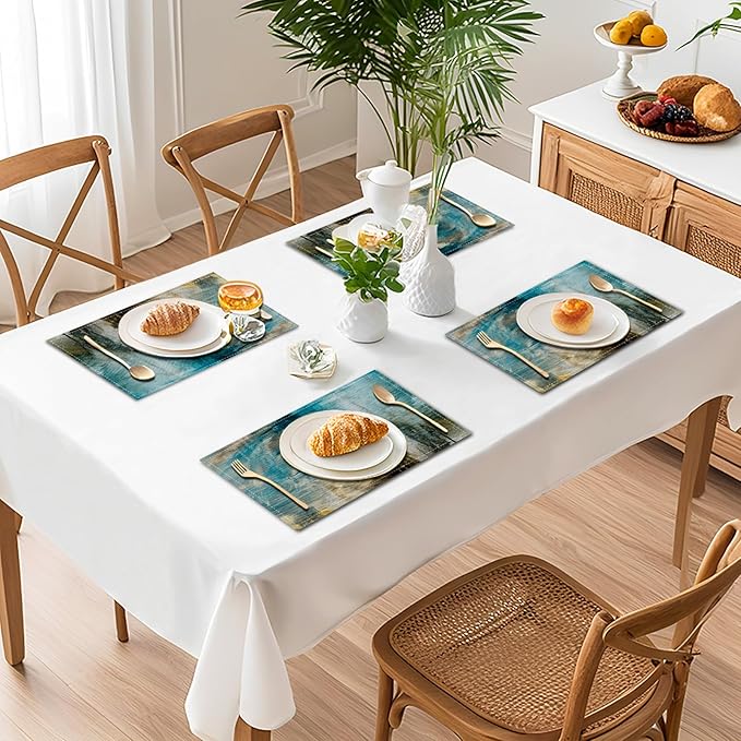 Teal Placemats Set of 4 Turquoise Black Place Mats Indoor Modern Abstract Art Linen Table Placemats Washable Wipeable Waterproof Kitchen Place Mats for Dining Tables, 18 X 12 Inch