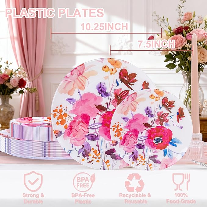 DaYammi 20Pcs Floral Disposable Plastic Plates-Disposable Heavy duty Watercolor Floral Plastic Plates 10.25 inch Dinner plates and 7.5 inch Dessert plates, Disposable Plate for Valentine's Day Party