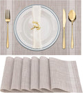 Winknowl Placemats Set of 6, Heat Resistant Non-Slip Vinyl Woven Table Mats for Dining Table, Washable Durable Elegant Place Mats for Kitchen Indoor/Outdoor Use (Beige White)