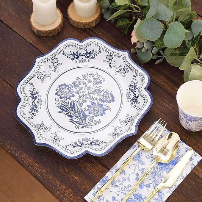 50 Pack 10" Light Blue French Toile Dinner Plates, Disposable Round Paper Party Plates 300 GSM for Festive Table Decoration