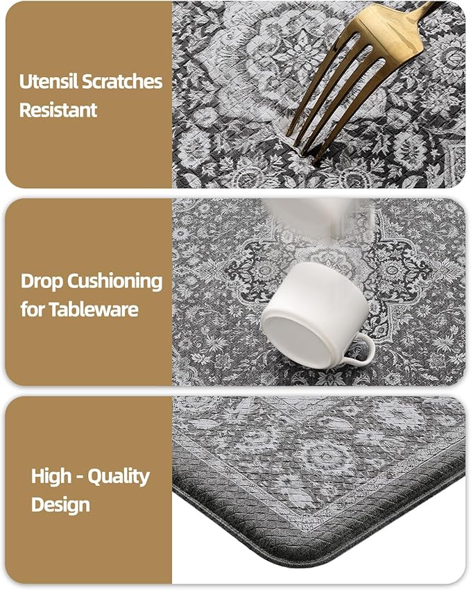 Color&Geometry Anti Fatigue Kitchen Mats for Floor 24x87, Vintage Decor, Easy Clean, Waterproof & Oil Proof, 0.4" Thick Cushioned, Non-Slip Kitchen Runner Rug for Sink, Laundry, Office, Grey