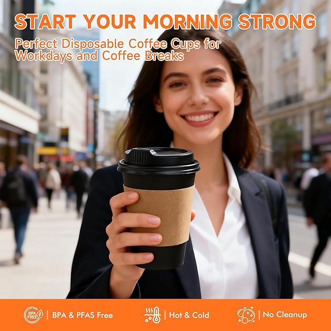 50 Pack 12 oz Disposable Coffee Cups with Lids and Sleeves, Sturdy Paper Cups for Hot/Cold Drinks, Leak-Proof To Go Coffee Cups with Lids for Home, Café, Events, Office, Black