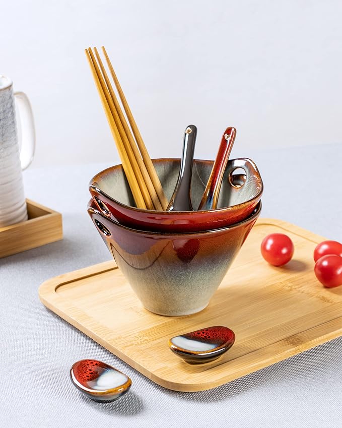 HENXFEN LEAD Japanese Ramen Bowls Set of 2 - Deep Ceramic Noodle Bowls with Spoons, Chopsticks and Holder, 20 Oz Serving Bowls for Pho, Udon, Soup - Reactive Red
