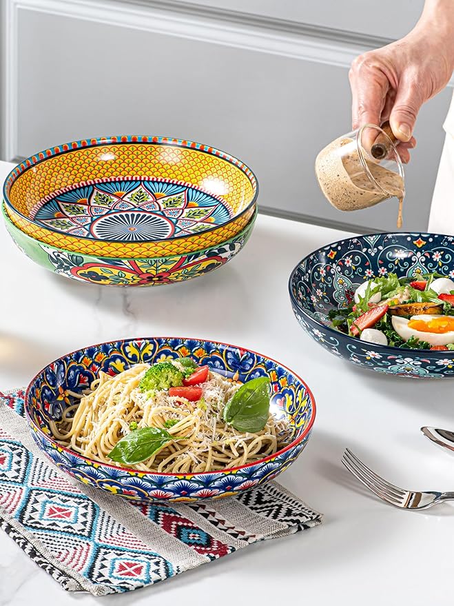 HENXFEN LEAD 33 oz Ceramic Pasta Bowls Set of 4, 8 Inch Wide & Shallow Bowls – Colorful Serving Bowls for Salad, Soup, Pasta, Microwave & Dishwasher Safe