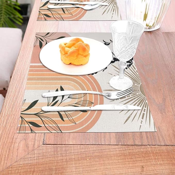 Mid Century Abstract Boho Placemats Geometric Leaf Sun Minimalist Modern Cafe Washable Place Mats 12x18Inch for Dining Kitchen Farmhouse Decor 4 PCS