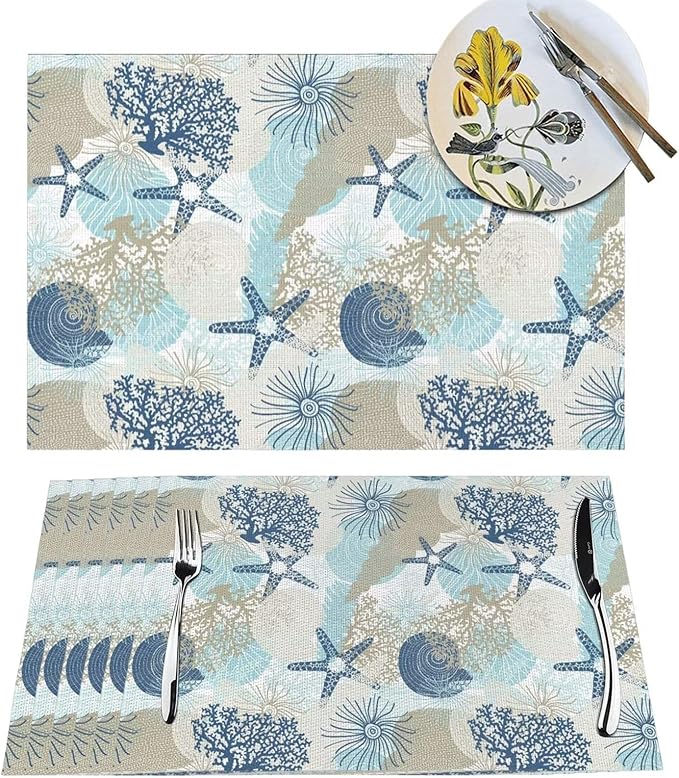 Placemats Set of 4 Aqua Blue Nautical Place Mats Coastal Beach Theme Coral Starfish Woven Table Mats Washable Blue Coral PVC Placemat for Dining Kitchen Decor Indoor Outdoor, 12 x 18 Inch
