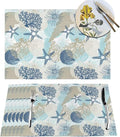 Placemats Set of 4 Aqua Blue Nautical Place Mats Coastal Beach Theme Coral Starfish Woven Table Mats Washable Blue Coral PVC Placemat for Dining Kitchen Decor Indoor Outdoor, 12 x 18 Inch