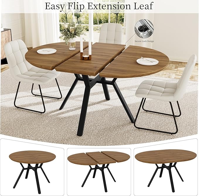 Extendable Round Dining Table Set for 6 People, 43.3"-59.1" Extendable Kitchen Table with 6 Upholstered Chairs, Space Saving for Kitchen Dining Room (Walnut Table+6 U-Shaped White Chairs)