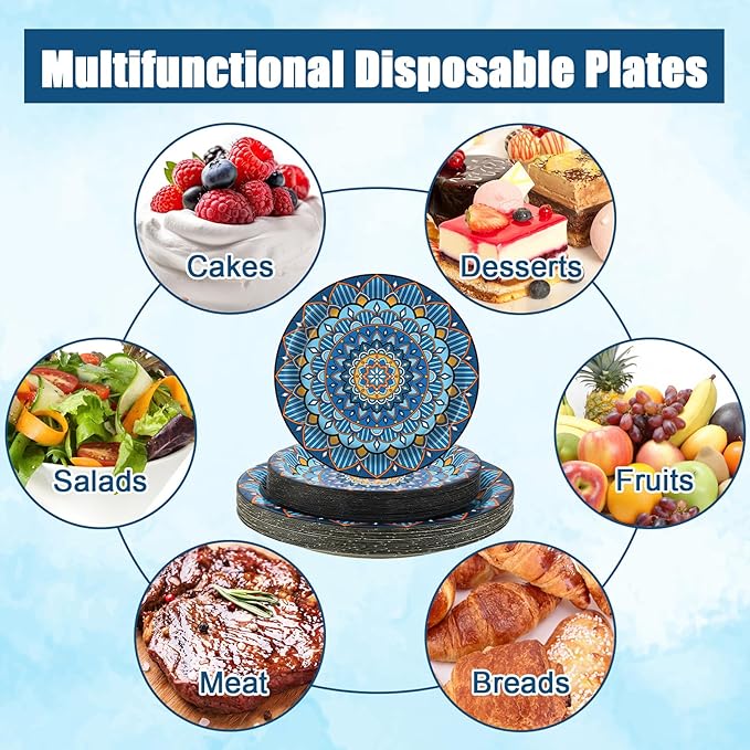 100PCS Boho Paper Plates 7Inch & 9Inch, Vintage Bohemian Disposable Dinnerware Plates for Birthday Gatherings Holiday Favor Baby Shower Party Supplies,50 Guests(Blue)