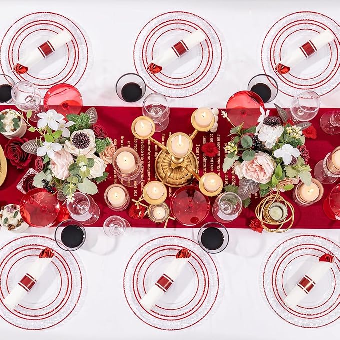Ciaell 350 PCS Clear and Red Plastic Plates – Red Dinnerware Set for 50 Guests Include 100 Plastic Plates, 50 Pre Rolled Napkins with Cutlery Set, 50 Cups for Wedding & Party & Anniversary