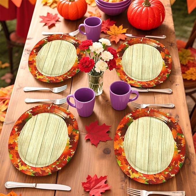 50Pcs Fall Oval Paper Plates 10" x 12" Large Disposable 400GSM Heavy Duty Fall Maple Leaves Wooden Grain Dessert Platters Autumn Party Decorations for Thanksgiving Harvest Holiday Party Supplies