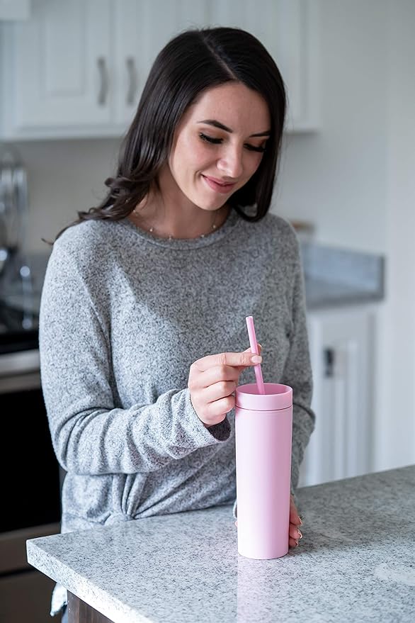STRATA CUPS Pink Skinny Tumblers with Lids and Straws (4 pack) - 16oz Matte Pastel Colored Acrylic Tumblers with Lids and Straws, Double Wall Skinny Tumbler Bulk, Reusable Cup with Straw Cleaner
