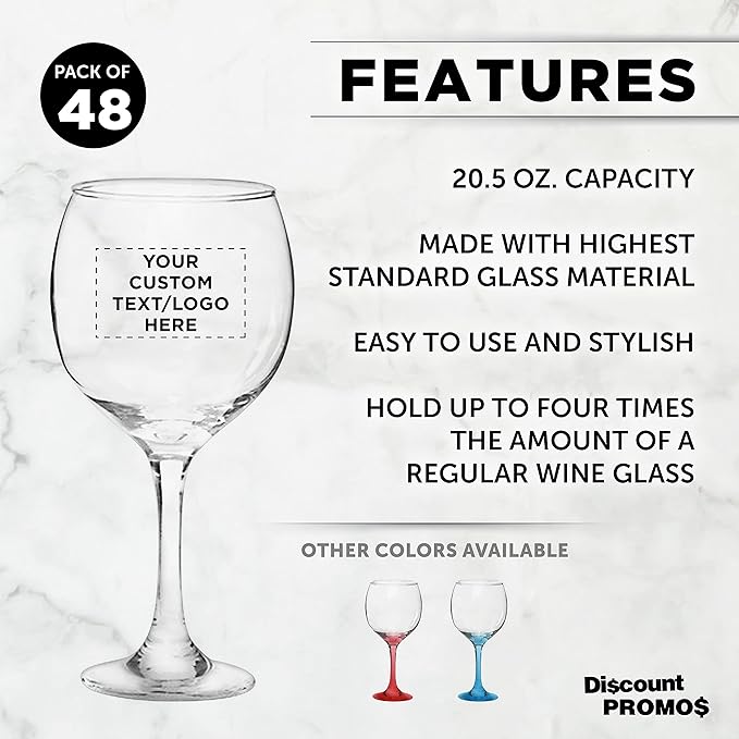 Custom Premiere Wedding Wine Glasses 20.5 oz Set of 48, Personalized Bulk Pack - Restaurant Glassware, Perfect for Red Wine or White Wine - Clear