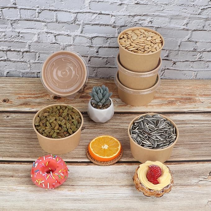 14 oz Disposable Kraft paper bowls with lids, Food containers Soup Bowls Party Supplies Treat Bowls 50 Pack