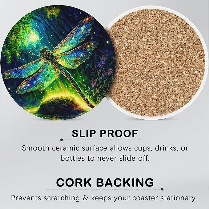 6 Pcs Drink Coasters with Holder,Fantastic Dragonfly Forest Absorbent Round Ceramic Coaster for Tabletop Protection,for Coffee Cup Beverage Coasters Wine Beer Bar