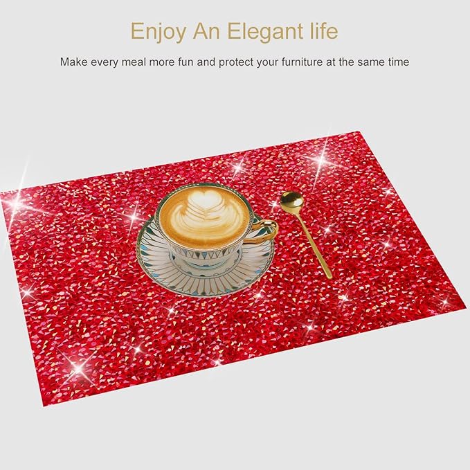 Red Sparkly Rhinestone Decor Square Placemats - Heat Resistant Mat Set of 2