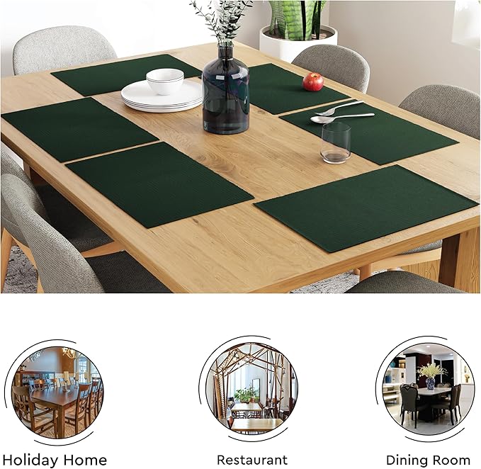 Encasa XO Dining Placemat Set of 6 | Dark Green Color | Fine Ribbed Cotton Table mat | Size 19x13 in | Machine Washable
