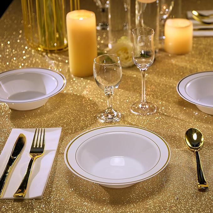 JOLLY PARTY 100PCS Plastic Bowls with Gold Rim-12oz disposable Soup Bowls, Christmas Thanksgiving Premium Dessert Salad Bowls for Wedding/Party