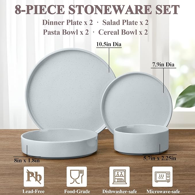 Herogo Stoneware Dinnerware Set with Salad Bowls, 8 Piece Plates and Pasta Cereal Bowls for 2, Kitchen Dinner Dish Set, Dishwasher & Microwave Safe, Speckled Light Gray