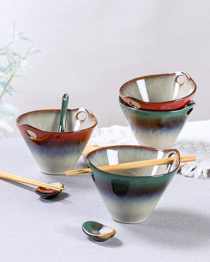 HENXFEN LEAD Japanese Ramen Noodle Bowls Set of 2 - Deep Ceramic Soup Bowls with Spoons, Chopsticks and Holder, 20 Oz Serving Dishes for Pho, Udon Noodle, Cereal - Reactive Green