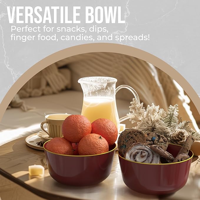 Trendables 24 oz Plastic Bowls Set - Fancy Serving Bowls - Perfect for Ice Cream, Salad, Candy - Disposable (10, Burgundy Gold Rimmed)