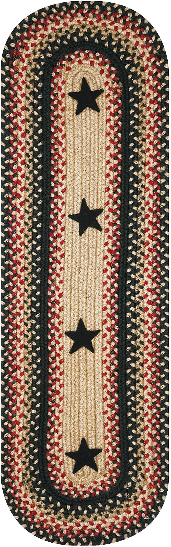 Homespice Primitive Star Gloucester Braided Oval Table Runner, Warm Primitive Decor, Black and Red 11x36 - Jute Dining Table Accessories - Rich Colors, Easy to Clean, Durable and Protects Furniture