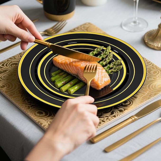 100 PCS Black and Gold Plastic Plates,Disposable Party Black Plates Include 50 10 inch Dinner Plate and 50 7 inch Dessert Plate,Gold Rimmed plates Perfect for Party Holiday,Birthday