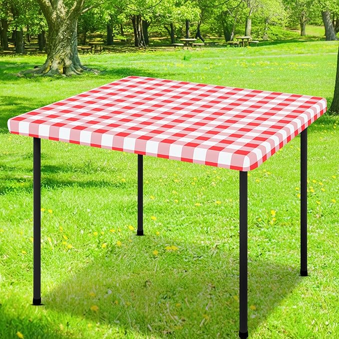 Smiry Square Picnic Table Cloth, Elastic Waterproof Fitted Vinyl Tablecloths, Flannel Backed Buffalo Plaid Table Covers for Dining, Camping, Outdoor (White and Red, 36" x 36")