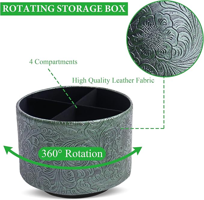 lizimandu Round Leather Art Supply Organizer,Remote Control Holder,360 Degree Spinning,Multi-Functional Pencil Holder,4 Compartments Desktop Stationary Organizer(1-Carved Metal Green1)